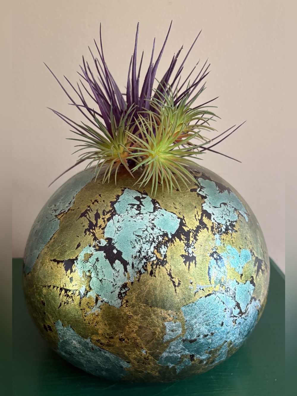 Gold and Teal Metallic Leaf Sphere Vase